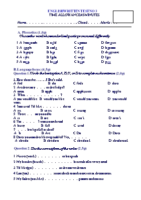 Đề kiểm tra 1 tiết số 3 môn Tiếng Anh Lớp 6 (Có đáp án)